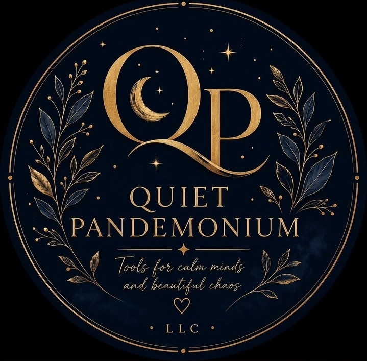 Quiet Pandemonium LLC logo — gold QP monogram with crescent moon and botanicals